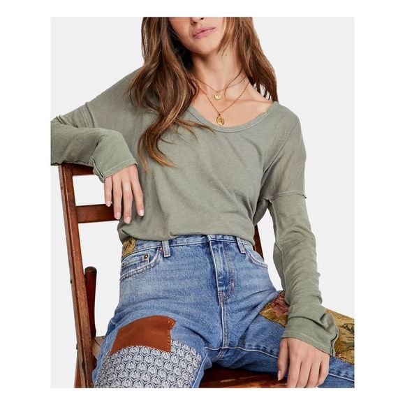 FREE PEOPLE Womens Green Long Sleeve Scoop Neck Top M - Picture 3 of 4